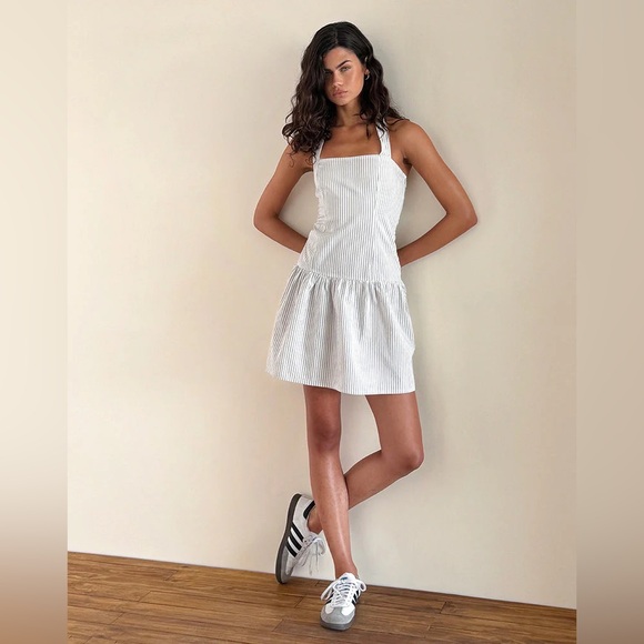 wild fable Dresses & Skirts - Wild Fable Halter Tiered Striped Smocked Mini Sun Dress Green/White Sz S | NWOT